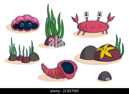 Setzen sie os Meerestiere. Vektor-Illustration in niedlichen Cartoon-Stil Stock Vektor