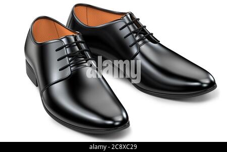 Herrenmode Schuhe schwarz, klassisches Design. Paar männlicher Stiefel 3d-Rendering isoliert auf weißem Hintergrund. Stockfoto