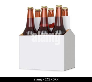 Sechs Packung braune Bierflaschen in leerem Träger. 3D-Rendering, isoliert auf weißem Hintergrund Stockfoto