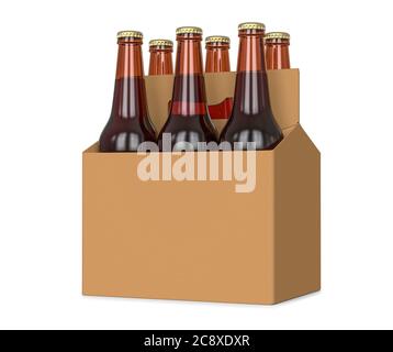 Sechs Packung Glas abgefülltes Bier in generischem braunem Pappträger 3d Illustration, isoliert auf weißem Hintergrund Stockfoto