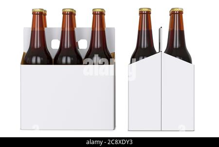 Sechs braune Bierflaschen in weißer corton-Packung. Seitenansicht und Vorderansicht. 3D-Rendering, isoliert auf weißem Hintergrund Stockfoto