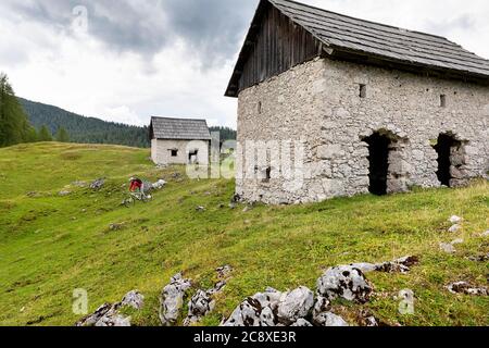 Frau auf dem Mountainbike auf traditionellen Hütten auf Pokljuka Plateau, Slowenien Stockfoto