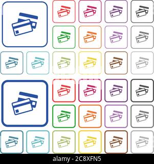 Satz von Kreditkarten flach gerundet Quadrat gerahmte Farbe Symbole auf weißem Hintergrund. Dünne und dicke Versionen enthalten. Stock Vektor