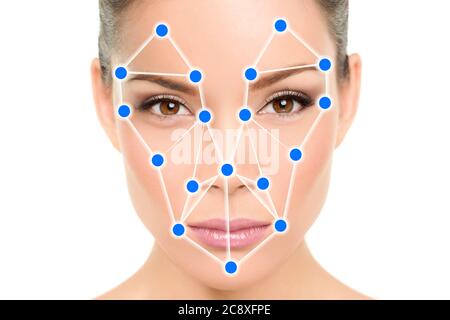 Biometrische Gesichtserkennung Software App-Technologie für Gesicht Identität Verifikation Identifikationskonzept. Asiatische Frau Porträt wilth blaue Punkte Mesh Stockfoto
