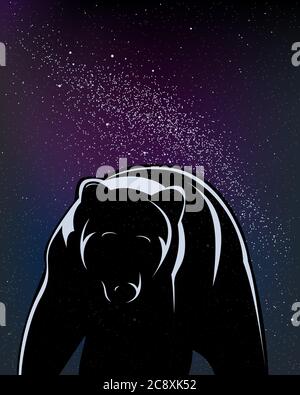 Vector Illustration. Walking bear in Schwarz in einer sternenklaren Nacht isoliert. Stock Vektor