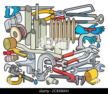 Cartoon doodles Sanitär Instrumente Illustration Stock Vektor