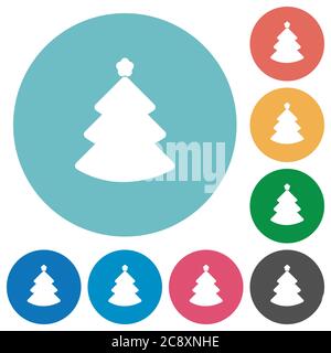 Flaches Weihnachtsbaum Symbol auf runder Farbe Hintergrund gesetzt. Stock Vektor