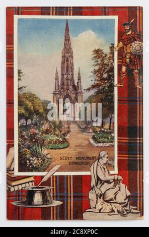 The Scott Monument and Princes Street Gardens - Vintage Postkarte von Edinburgh mit Tartan-Grenze, Edinburgh, Schottland, Großbritannien Stockfoto