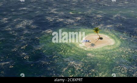 Unbewohnte oder einsame Insel mit Palmen auf ihr im seichten türkisfarbenen Wasser. 3d-Rendering Stockfoto