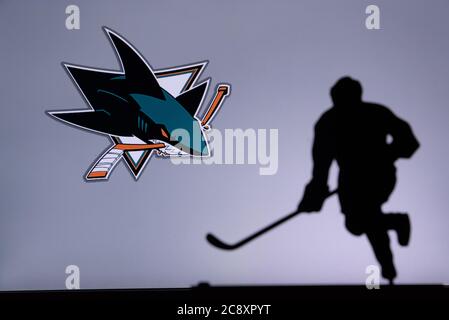 NHL Hockey Konzept Foto. Silhouette des professionellen NHL Eishockey-Spieler Stockfoto