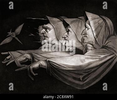 Die Hexen von Macbeth. Nach einem Druck des Schweizer Künstlers Henry Fuseli aus dem 19. Jahrhundert, der Akt I, Szene I von Macbeth von William Shakespeare illustriert. Stockfoto