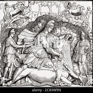 Mithras schlachtet den heiligen Stier. Die römische Mysterienreligion des Mithraismus blühte vom 1. Bis 4. Jahrhundert. Eine Darstellung von Mithras’ Verschlachten des Stiers, eine Handlung, die Tauroctony genannt wird, war der Mittelpunkt in allen Mithraeen oder mithraischen religiösen Zentren. Nach einem Werk eines unbekannten Künstlers in EINEM Wörterbuch der klassischen Altertümer, von Sir John Edwin Sandys, veröffentlicht 1895 Stockfoto