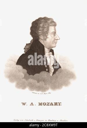 Wolfgang Amadeus Mozart, 1756 – 1791, getauft als Johannes Chrysostomus Wolfgangus Theophilus Mozart. Produktiver und einflussreicher Komponist der Klassik. Nach einem Stich des deutschen Künstlers Carl Mayer aus dem 19. Jahrhundert. Stockfoto