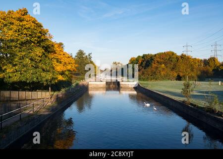 Waltham Town Lock an der Grenze zwischen Essex und Hertfordshire, Waltham Abbey, Großbritannien Stockfoto