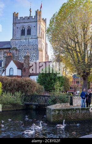 Die Abbey Church und Weird auf dem Old River Lee, Waltham Abbey, Essex, Großbritannien Stockfoto