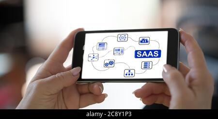 Hand hält ein Smartphone mit saas-Konzept Stockfoto