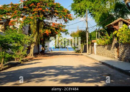 Eine unbefestigte Straße an einem ruhigen Nachmittag führt zum Meer in einem der Wohngebiete der Insel Paquetá. Stockfoto