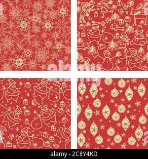 Sammlung von handgezeichneten Winterferien nahtlose Muster mit Weihnachtsbäumen, abstrakte Texturen, Streifen, Schneeflocken, Glocken, Geschenk-Boxen. Stockfoto