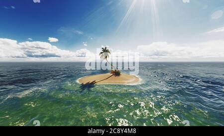 Unbewohnte oder einsame Insel mit Palmen auf ihr im seichten türkisfarbenen Wasser. 3d-Rendering Stockfoto