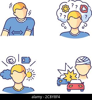 Geistige Problem RGB-Farbsymbole gesetzt. Tourette-syndrom. Wiederholte Bewegungen beim Patienten. Psychologische Störung. Stimmungsschwankungen. Kopfschaden durch Autoschaden Stock Vektor
