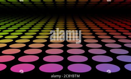 Neonfarbene Kreise auf dem schwarzen. Perspektive Retro Zukunft Sci-Fi Hintergrund. Große Hintergrundstruktur. Abstrakte Kunst Tapete. Zeitgenössische Kunst Stockfoto