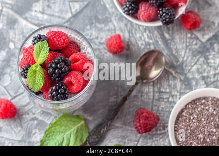 Vegan gesundes Essen. Chia Pudding mit Kokosmilch, frischen Himbeeren und Brombeeren Stockfoto