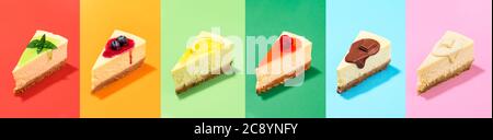 Sammlung von Käsekuchen Scheiben mit verschiedenen Topping Sauce, isoliert auf Regenbogen bunten Hintergrund. Kuchenscheiben Collage für Süßwaren Poster. Stockfoto