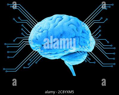 Digitale Illustration des menschlichen Gehirns, blaues digitales Gehirn, Prozessor, 3D-Rendering Stockfoto