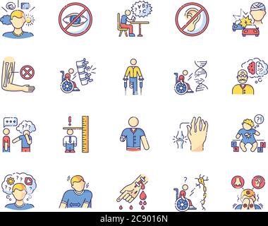 Behindertenarten RGB-Farbsymbole eingestellt. Blindheit und Taubheit. Entwicklungsverzögerung Form Legasthenie. Mentales Problem. Zwergismus, Sinnesüberempfindlichkeit. L Stock Vektor