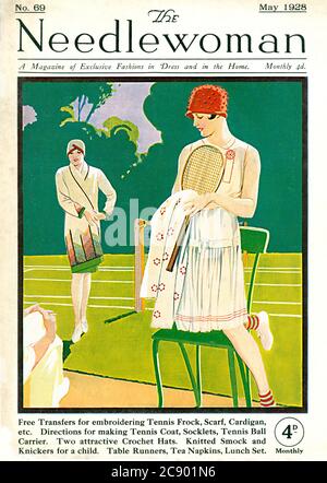 Needlewoman Tennis, 1928 Cover der monatlichen Zeitschrift für die Herstellung von Kleidung zu Hause, mit dem Frühsommer Schwerpunkt auf Rasen Tennis Mode und Ausrüstung Stockfoto