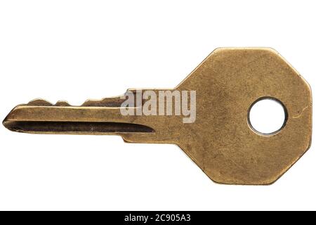 Taste auf weißem Hintergrund mit Reflexion, die alte Taste in Kratzern verwendet. Stockfoto