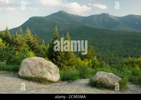 Kancamagus Highway, White Mountain National Forest, New Hampshire. Malerische aussicht auf üppige Wälder, immergrüne Bäume und hohe Gipfel des Mount Osceola. Stockfoto