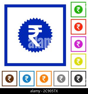 Indische Rupie Aufkleber flache Farbe Symbole in quadratischen Rahmen Stock Vektor