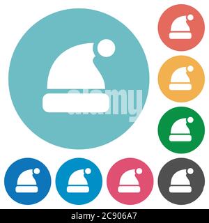 Santa hat flache weiße Symbole auf runden Farbhintergrund. Stock Vektor
