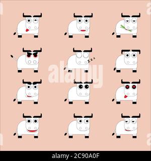 Set von 12 niedlichen weißen Stieren mit verschiedenen Emotionen in flachen Stil Stock Vektor