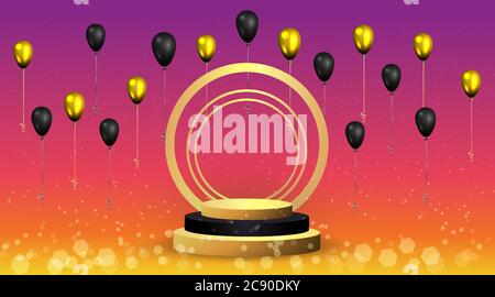 Metallische goldene Bühne mit Luftballons, runde Plattform und realistischer Rahmen minimaler Hintergrund, 3d-Szene für Produktpräsentation oder Mockup. Verkaufsabschluss Stock Vektor