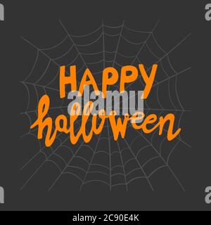 Frohe Halloween. Oranger handgeschriebener Schriftzug auf grauer Spinnweben-Skizze auf dunklem Hintergrund. Vektorgrafik. Stock Vektor