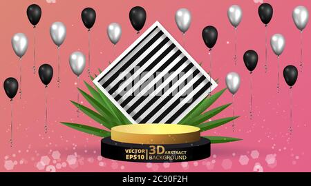 Metallische goldene Bühne mit Luftballons, runde Plattform und realistischer Rahmen minimaler Hintergrund, 3d-Szene für Produktpräsentation oder Mockup. Verkaufsabschluss Stock Vektor