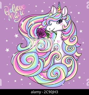 Schönes Einhorn mit Regenbogenmähe und Rose. Fabelhaftes Tier. Für die Gestaltung von Drucken, Plakaten, Tattoos, etc. Vektor Stock Vektor