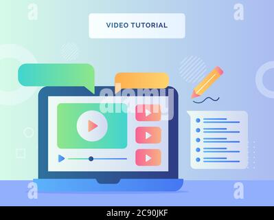 Video Tutorial Konzept Ansicht Laptop Bildschirm spielen Video Blase sprechen Anweisung mit flachen Stil. Stock Vektor