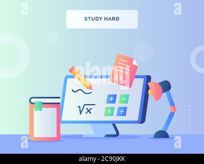 Studieren Sie harte Konzept Bleistift schreiben auf dem Bildschirm Computer in der Nähe Buch Lampe mit flachen Stil Stock Vektor