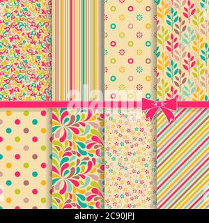 Kollektion von 8 Vintage bunten geometrischen und Blume nahtlose Muster. Vintage-Deko-Elemente. Vektorgrafik Stock Vektor