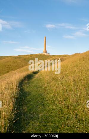 Lansdowne Monument nisten zum Cherhill White Horse bei Sonnenuntergang. Cherhill Down, Calne, Wiltshire, England Stockfoto