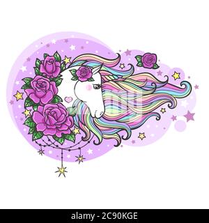 Weißes, Regenbogeneinhorn mit einer langen Mähne zwischen Rosen. Niedliches Fantasy-Tier. Für Ihre Design-Drucke, Poster, Tattoos, Postkarten, etc. Vektor illustratio Stock Vektor