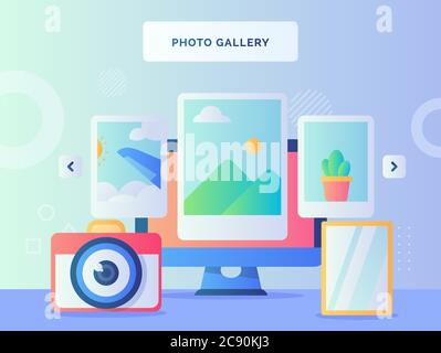 Fotogalerie Konzept Bild Fenster Flugzeug Berg Kaktus auf dem Bildschirm Computer in der Nähe Kamera Spiegel mit flachen Stil. Stock Vektor