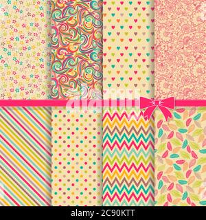 Kollektion von 8 Vintage bunten geometrischen und Blume nahtlose Muster. Vintage-Deko-Elemente. Vektorgrafik Stock Vektor