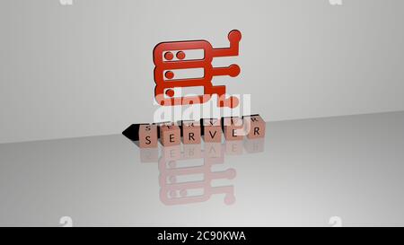 3D-Darstellung des SERVERS mit Icon an der Wand und Text angeordnet durch metallische kubische Buchstaben auf einem Spiegelboden für Konzept Bedeutung und Diashow-Präsentation. Daten und Illustration Stockfoto