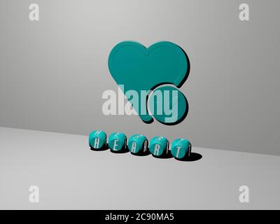3D-Illustration von Herz-Grafiken und Text von metallischen Würfel Buchstaben für die damit verbundenen Bedeutungen des Konzepts und Präsentationen. Hintergrund und Liebe Stockfoto