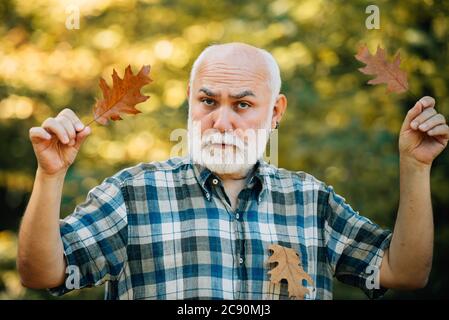 Glücklicher Großvater hält gelbe Blatt über Herbst Blätter Hintergrund. Großvater aus dem Goldenen Zeitalter. Glücklicher älterer Mann, der die Kamera anschaut. Lächelnder älterer Mann Stockfoto