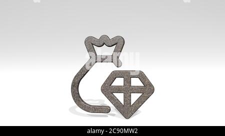 casino Diamant Tasche  gemacht durch 3D-Illustration einer glänzenden metallischen Skulptur werfen Schatten auf hellen Hintergrund. Karte und Glücksspiel Stockfoto